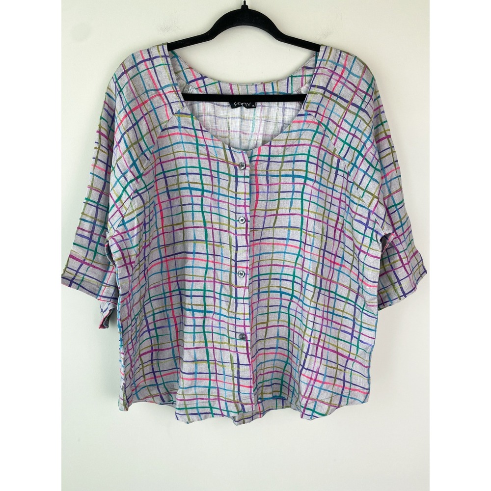 Apny 100 Linen Button Up Shirt XL Grey Grid Plaid Teacher Lagenlook Wearable Art